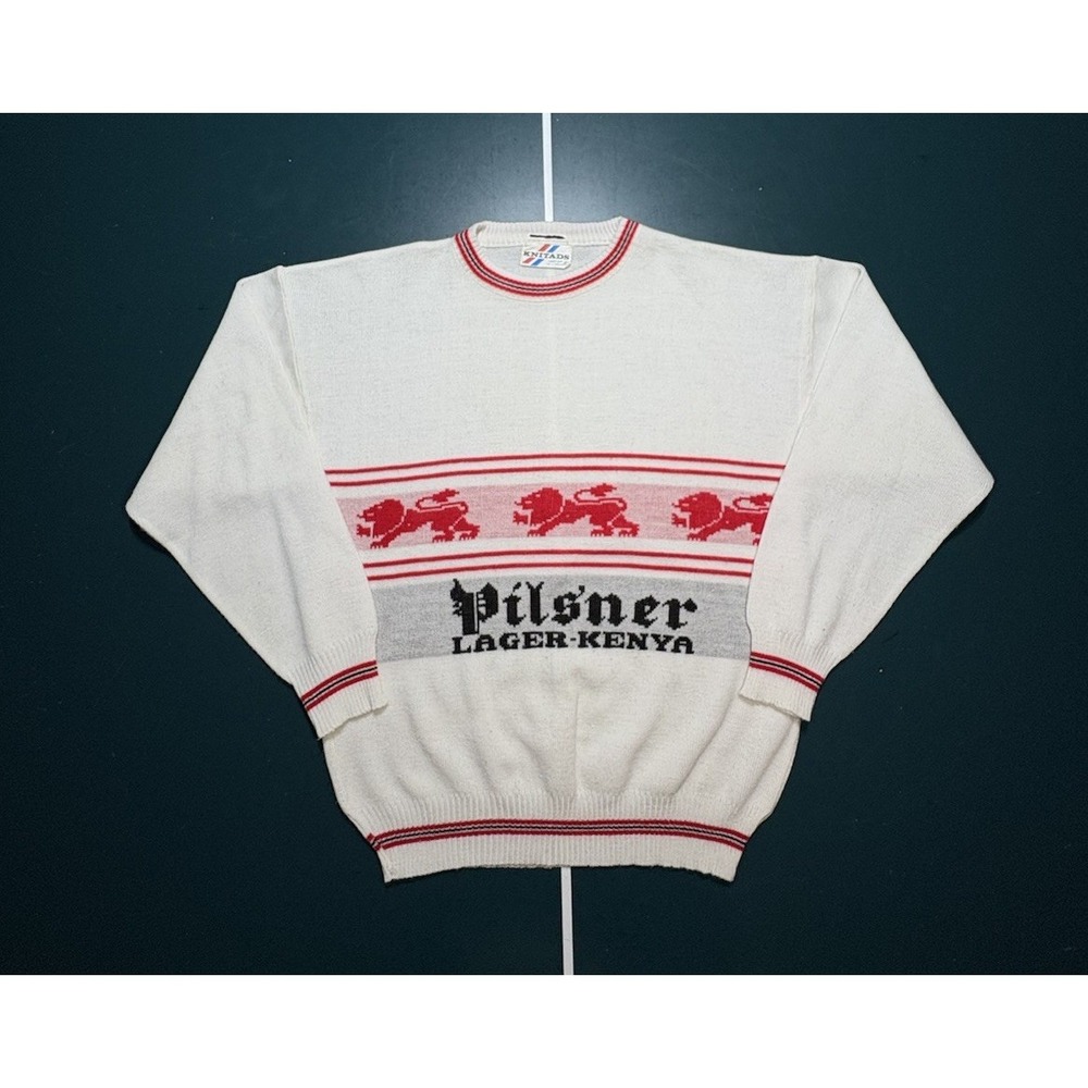 Vintage 70s Pilsner Lager Kenya Beer Knit Sweater Novelty Crewneck Size Large‎